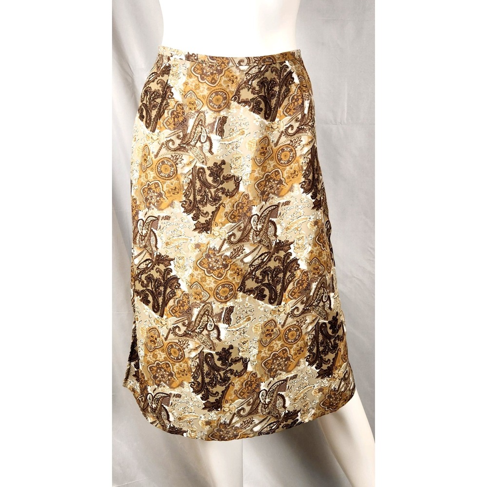 VTG Kathie Lee Paisley Chiffon A‑Line Skirt Brown/Gold Y2K Retro Size 14